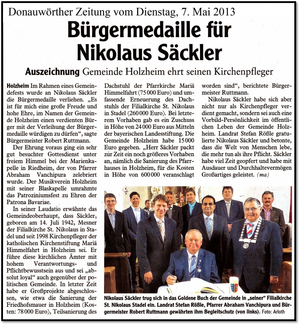 Bürgermedallie für Nikolaus Säckler