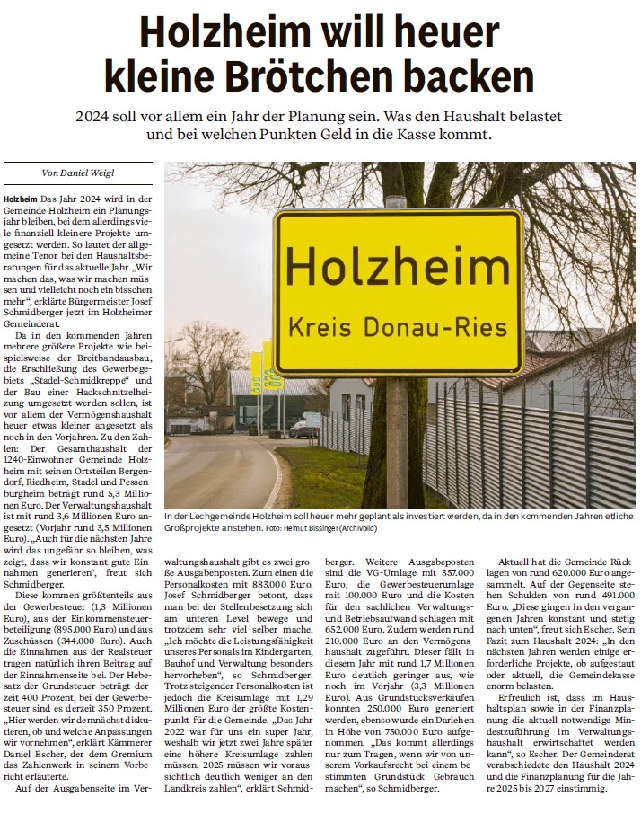 Presse, Haushalt 2024 Holzheim will heuer kleine Brötchen backen, 11.05.2024